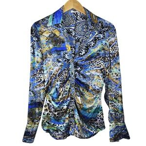 Cache Womens Large Silk Blend Ruched Button Down Shirt Blue Animal Paisley Print